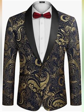 COOFANDY Navy & Gold Paisley Evening Blazer with Black Satin Lapels